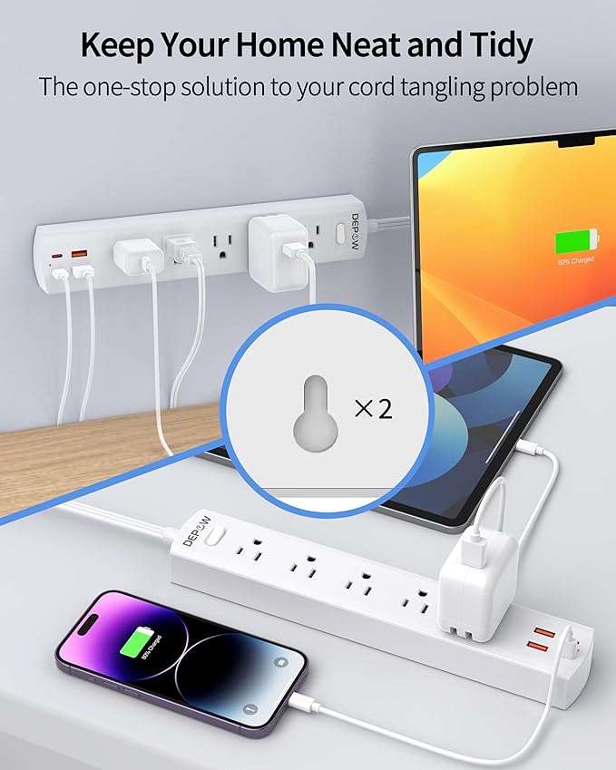 10 Ft Ultra Thin Extension Cord, 5-Outlet Power Strip Surge Protector with 4 USB Ports (2 USB C), 1875W/15A, Low Profile Flat Plug, 1700 Joules, Wall Mount for Home Office, White