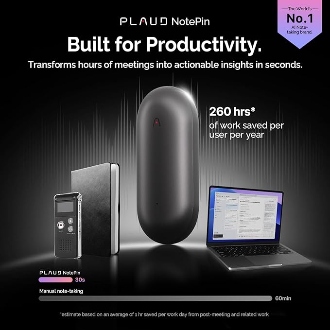 NotePin Voice Recorder, AI Voice Recorder, App Control, AI Notetaker, AI Transcribe & Summarize, Support 112 Languages, 64GB Memory, Audio Recorder for Lectures, Meetings, Cosmic Gray