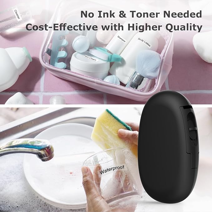 SUPVAN E10 Bluetooth Label Maker Machine with 3 Tapes, Continuous Waterproof Label, Versatile App with 35 Fonts and 1k+ Icons, Inkless Labeler for Home, Kitchen, School, Office Organization, Black