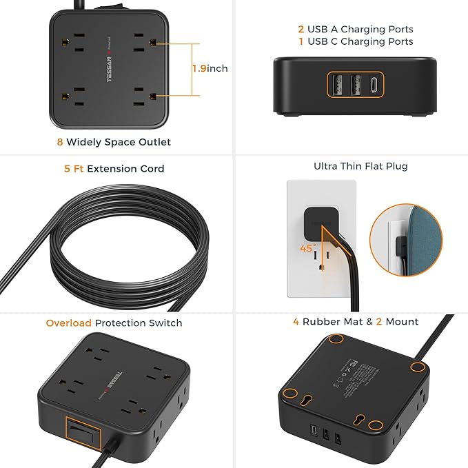 Surge Protector Flat Plug Power Strip, TESSAN Black Extension Cord, 8 AC Outlets, 3 USB Charger(1 USB C Port) 3 Side Outlet Extender, 5 Ft, 900 Joules Protection, Office Supplies, Dorm Essentials