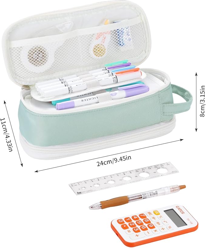Large Pencil Case Zipper Pencil Pouch for Girls Adults Kids Aesthetic Pencil Bag with Handle Portable Big Capacity Pen Bag Organizer for School Office Green