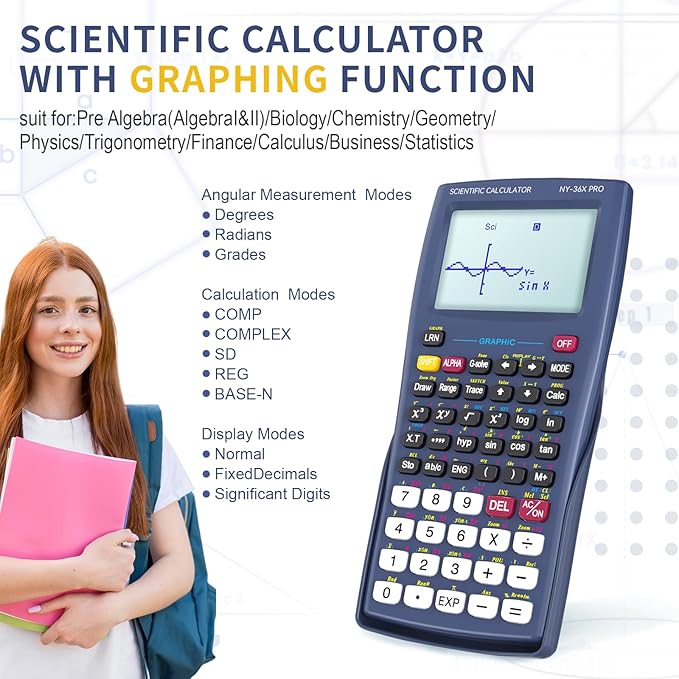 Scientific Calculator with Graphing Function, NEWYES 36X Pro Graphic Science Calculator for Middle and High School Supplies (Blue)