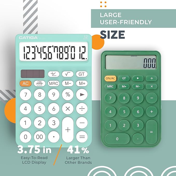 CATIGA 12 Digit Desktop Calculator Basic Desk Calculator with Large LCD Display, Big Buttons, 4 Function, Solar and Battery Dual Power, for Office, School, Home, SD-1292 Fresh Blue