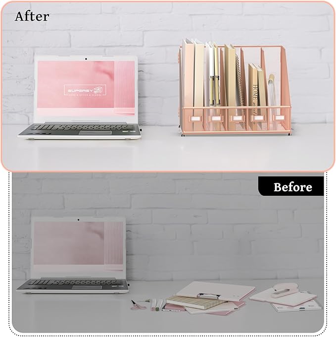 SUPEASY Desk Organizers Metal Desk Magazine File Holder with 5 Vertical Compartments Rack File Organizer for Office Desktop, Home Workspace, Rose Gold