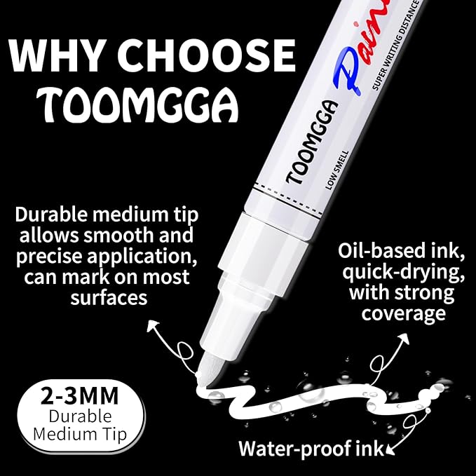 White Paint Pens Permanent Paint Markers - 12 Pack Oil Based Marking Pens, Medium Point, Quick Drying and Waterproof Pens for Rock Painting Car Tyre Metal, Plastic, Canvas, Wood