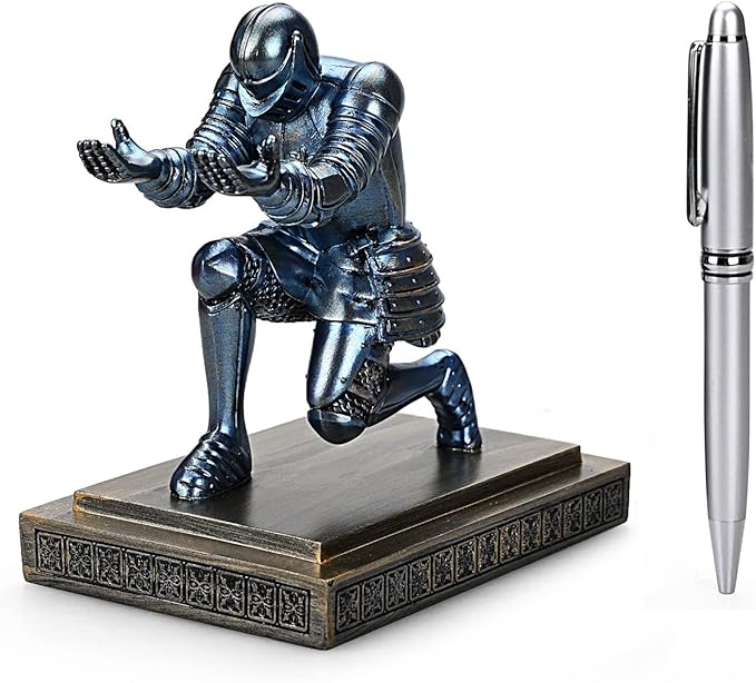 Knight Pen Holder Pen Stand Desk Organizers and Accessories Resin Pencil Holder as Gift with a Fancy Pen for Office and Home Desk Organizer (Blue)