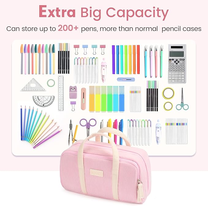 Sooez Large Pencil Case Pouch, Extra Big Pencil Bag with 5 Compartments, Pen Case Wide Opening, Soft Corduroy Pen Bag Organizer with Zipper, Cute Aesthetic School Supplies for Teen Girls, Brown