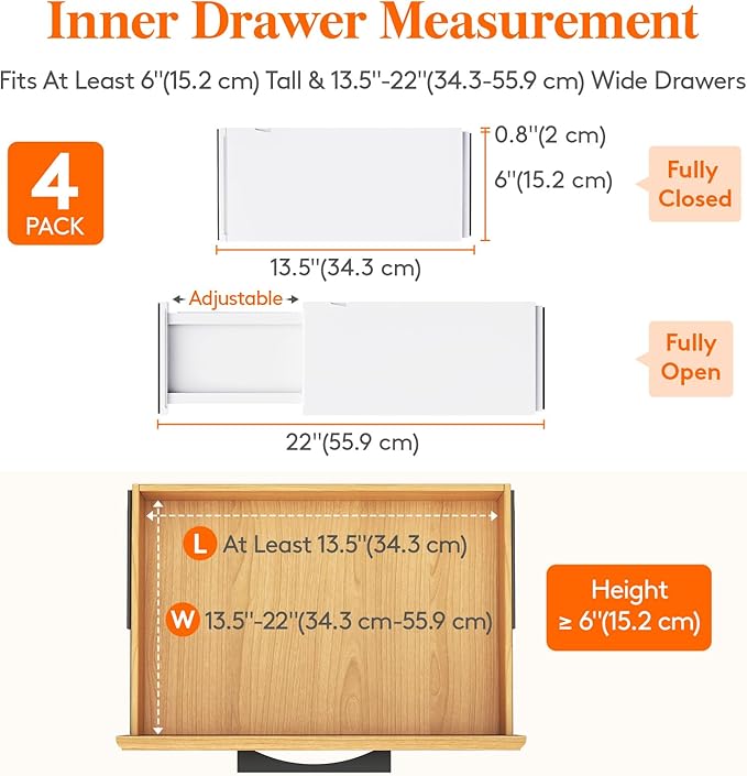 Lifewit 4 Pack Drawer Dividers Plastic 6" High, 13.5-22" Adjustable Drawer Organizers for Clothes, Expandable Dresser Separators in Bedroom/Bathroom/Kitchen/Fridge/Office Organization and Storage