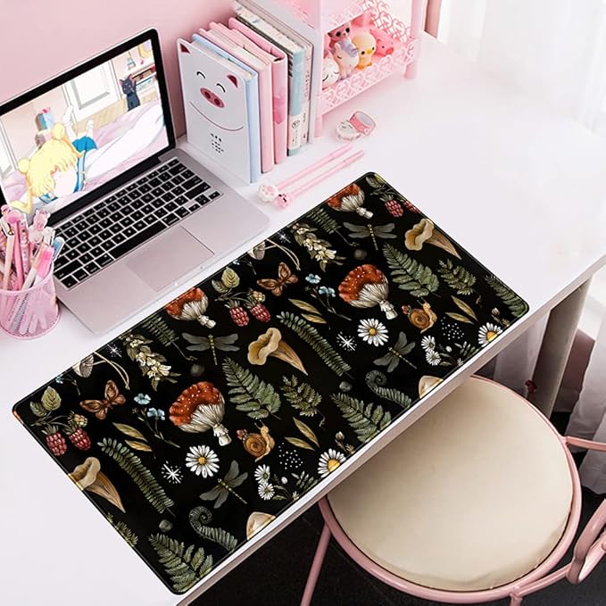 Black Mouse Pad Cottage Core Aesthetic Mouse Pads Mushroom Desk Pad Vintage Mouse Pad Forest Magic Nature Large Desk Pad Ergonomic Mouse Pads with Stitched Edges Non-Slip Computer Mat 31.5x15.7 in