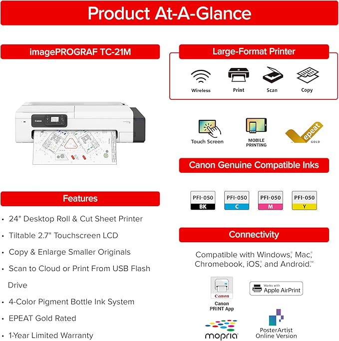 Canon imagePROGRAF TC-21M – Multifunction Printer| 24" Large Format Poster & Plotter Printer - Automatic Roll & Cut Sheet Paper Feeder, USB, Wi-Fi, LAN,White