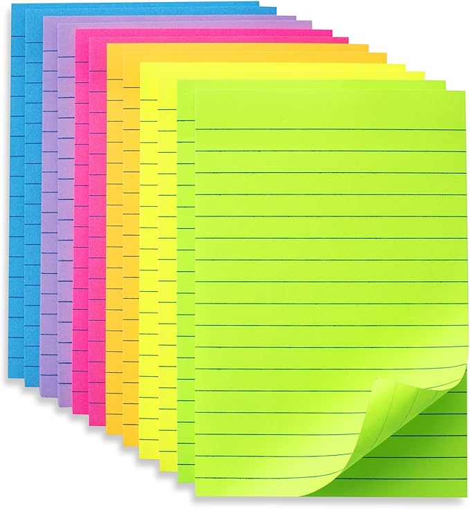 (6 Pack) Lined Sticky Notes 4x6 in Ruled Stickies Super Sticking Power Memo Pads Bright Colors