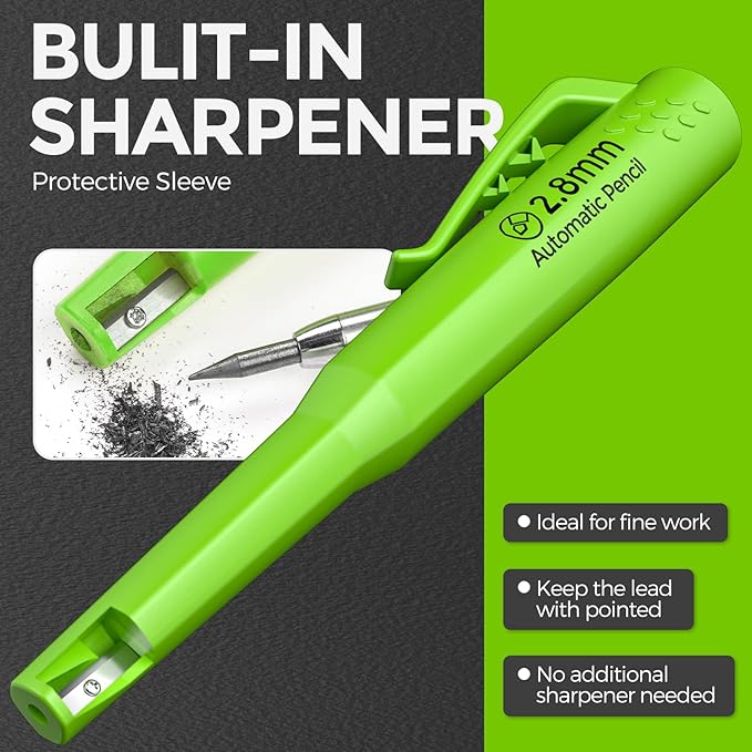 Nicpro 4 Pack CP3000 Carpenter Pencil with Sharpener, Mechanical Pencils Set with 76 Refills, Heavy Duty Construction Pencil, Carpenter Tools for Architect Marking (Red, Black, Yellow, Green)