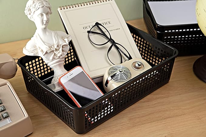 A4 Size Plastic Storage Basket,Desktop File Paper Letter Organizer Tray, 6-Packs (Black)