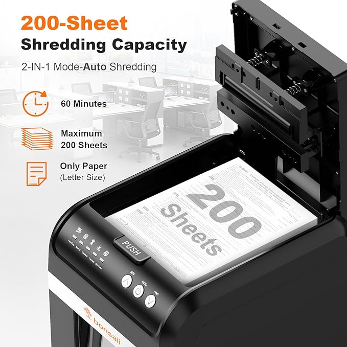 Bonsaii 200-Sheet Auto Feed Paper Shredder, 60 Minutes Nonstop Heavy Duty Shredders, 8.1 Gallon Large Bin Office Document Shredder, Micro-Cut/High Security P-4 Commercial Grade Shredder (C283-A)