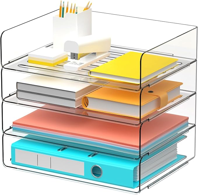 Desk Organizer Stackable Desk Paper Letter Tray Organizer Office Desktop File Paper Holder Book Storage Organization Rack (Clear, 4 x Standard Entry)