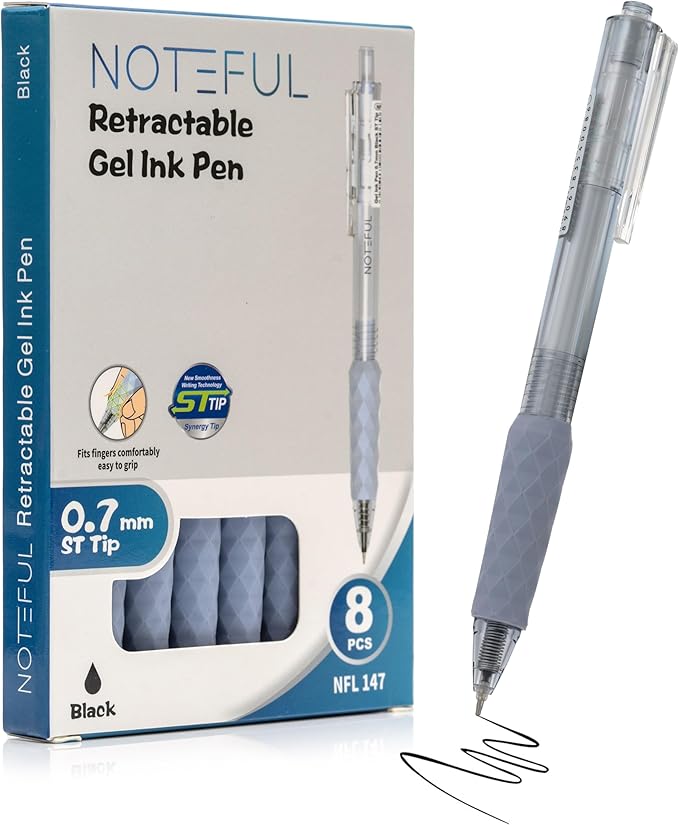 Retractable Gel Pens Clicker, Medium Point 0.7, Premium Comfort Grip for Smooth Writing Planner and School Supplies (Black, 1 Count (Pack of 8))