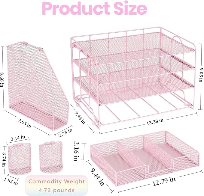 Desk Organizer and Accessories, 4-Tier Desktop File Organizer with Drawer and 2 Pen Holders, Office Desk Accessories for Office Supplies(Pink)
