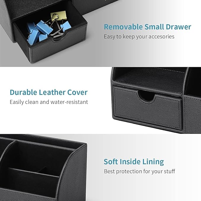 Vlando Office Supplies Desk Organizer Caddy, Desktop Hanging File Letter Document Storage Holder with Drawer Organizer Section for Office Home (Black)