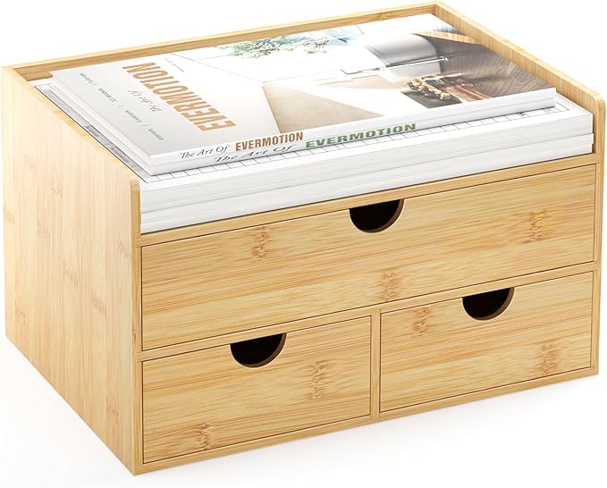 Bamboo Desk Organizer with Drawers Desktop Storage Drawers for Bills Office Supplies Kitchen Utensils Organizing Tool for Home Classroom Organization No Assembly (Nature 3 Drawers)