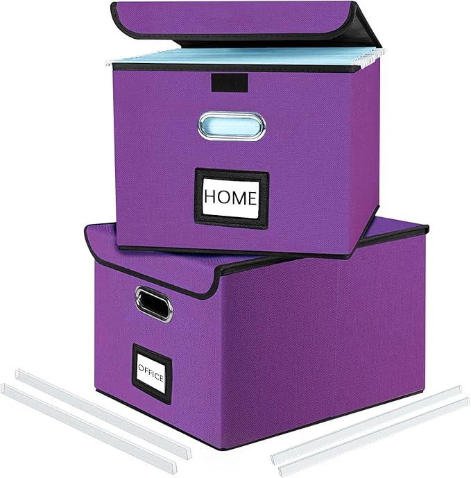 Huolewa Upgraded File Organizer Boxes with Lids, Linen Hanging Filing & Storage Boxes with Plastic Slides for Office/Decor/Hom, Universal Hanging Filing Organization Boxes for Letter/Legal Folder