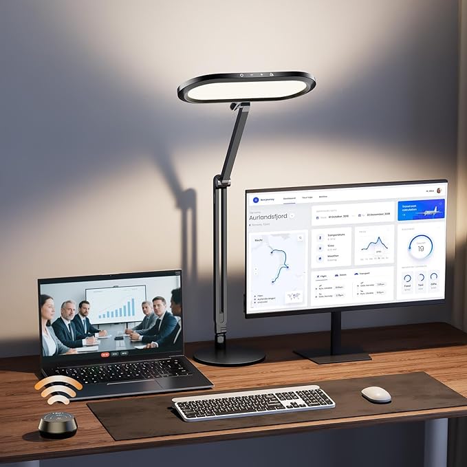 Eye-Caring Desk Lamp for Home Office – LED Soft Light with Knob Remote, Stepless Dimming & Color, Memory, Metal Table Lamp for Zoom, Studying, Video Conference, Flicker-Free, Glare-Free