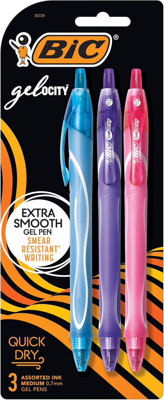 BIC Gelocity Quick Dry Assorted Colors Gel Pens, Medium Point (0.7mm), 3-Count Pack, Retractable Gel Pens With Comfortable Full Grip