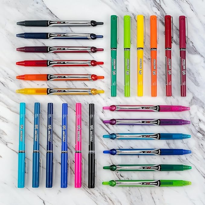 Precise V5 Stick Rolling Ball Pens, Extra Fine Point (.5mm), Assorted Colors Black/Blue Ink, 5-pk; Bundle with Plastic Reusable Pouch