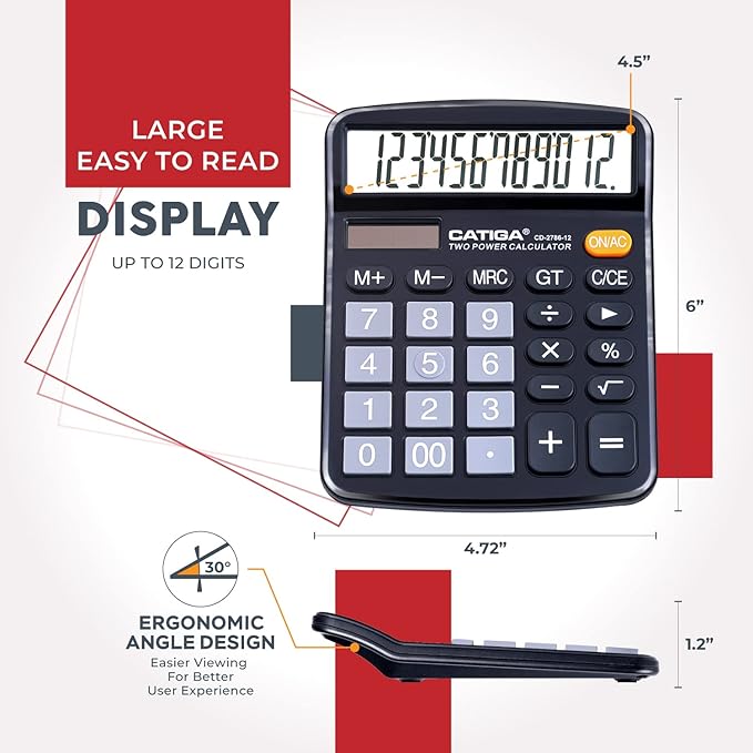 CATIGA 12 Digits Desktop Calculator with Large LCD Display and Sensitive Button, Dual Solar Power and Battery, Standard Function for Office, Home, School, CD-2786