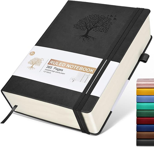 Lined Journal, 365 Pages B5 Large Hardcover Leather Notebook for Women Men, Daily Writing for Work, Note Taking, 100Gsm Thick Paper (7.6'' X 10'' Black)