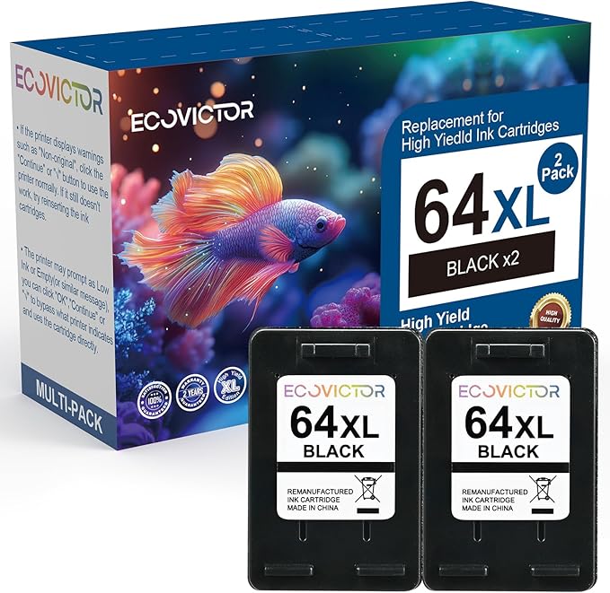 Remanufactured Ink Cartridge Replacement for HP Ink 64 Black HP64 XL HP64XL for Envy Photo 7858 7855 7120 7155 7100 7158 7164 6255 6252 6232 7800 Inspire 7200e 7900e 7955e Tango X Printer