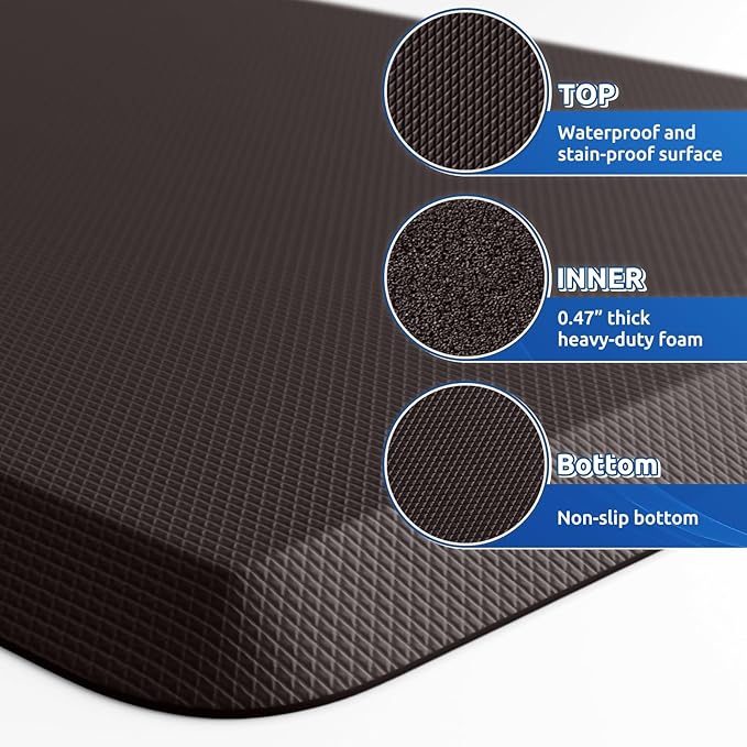 KitchenClouds 2PCS Kitchen Rugs Cushioned Anti-Fatigue Non-Slip Waterproof Kitchen Mat Comfort Foam Standing Mat for Floor Office Sink Laundry (Chocolate)