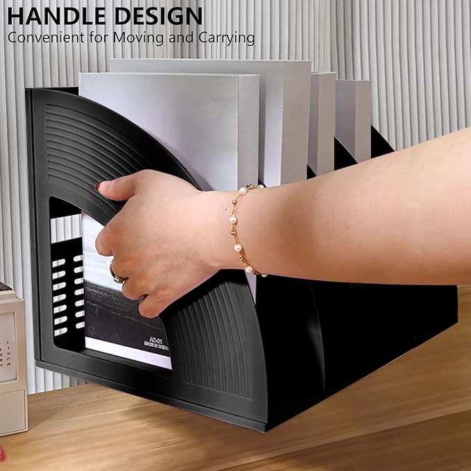 SAYEEC File Holder Storage Folder 4 Compartment Standing Desktop Hollow Organizer Black Files Shelf Frame Thicken Plastic Paper Notebook Magazine Bookstore for Office School Supplier Students