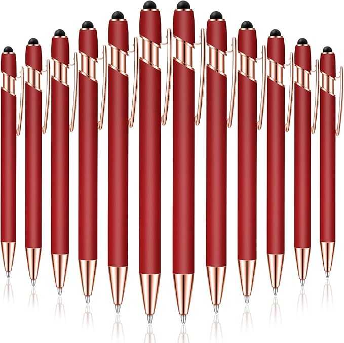 Tenare 12 Pieces 2 in 1 Stylus Metal Ballpoint Pen with Stylus Tip, 1.0 mm Black Ink Ballpoint Pen for Touch Screens(Wine Red and Rose Gold)
