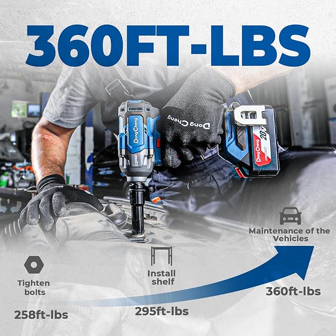 Dong Cheng 20V Brushless Impact Wrench, Max Torque 360 ft-lbs (488N.m), 1/2 inch with 3 Mode Speed, 2400 RPM Cordless Impact Gun, Includes 4.0Ah Battery, Charger, 4 Impact Sockets and Kit Bag