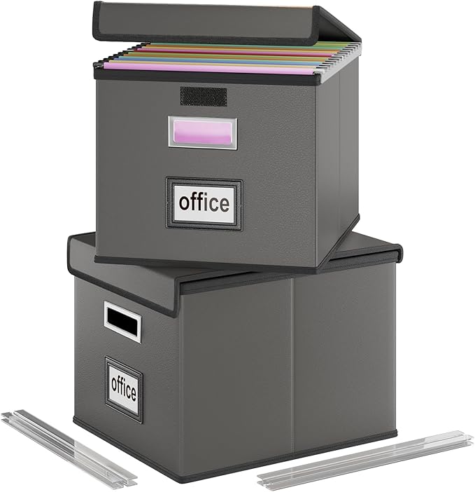 Huolewa File Organizer Boxes with Lids, Collapsible Faux Leather Hanging File Folder Box Organizer with Plastic Slide, Decorative Home/Office Filing System Boxes for File and Folders Storage