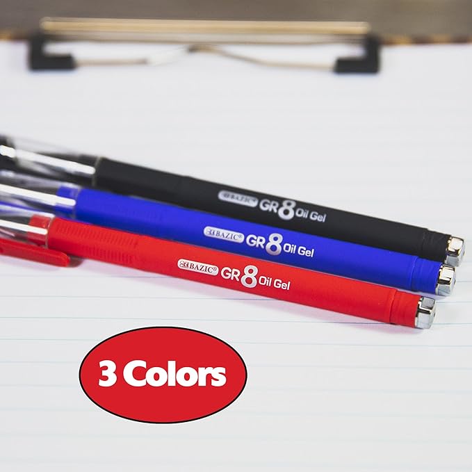 BAZIC Oil Gel Ink Pen, GR8 Assorted Colors w/Rubberized Barrel, 0.7 mm Medium Point Smooth Writing, for Office School (3/Pack), 1-Pack