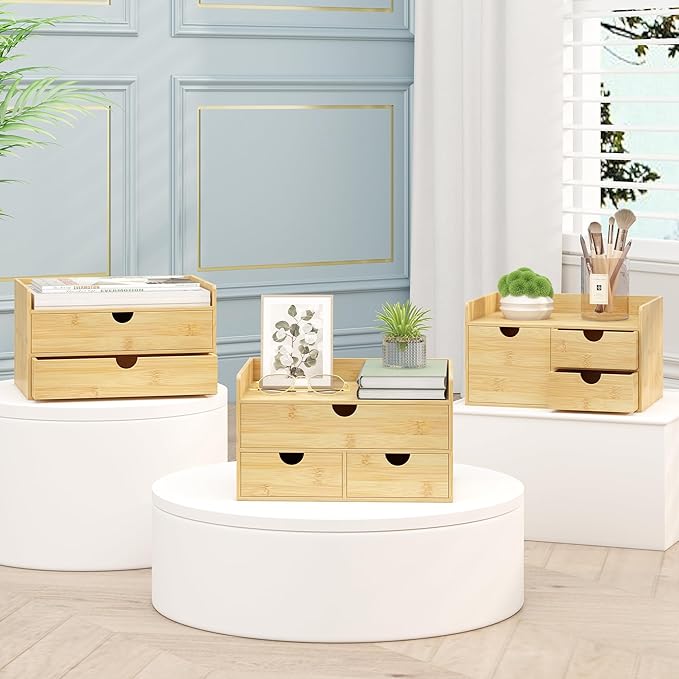 Bamboo Desk Organizer with Drawers Desktop Storage Drawers for Bills Office Supplies Kitchen Utensils Organizing Tool for Home Classroom Organization No Assembly (Nature 3 Drawers)