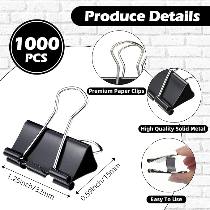 Yexiya 600 Pcs Medium Binder Clips Paper Clips Office Supplies Paper Clamps for Teachers Students School Office Business Paperwork Supplies (Black, 1.25 Inch)
