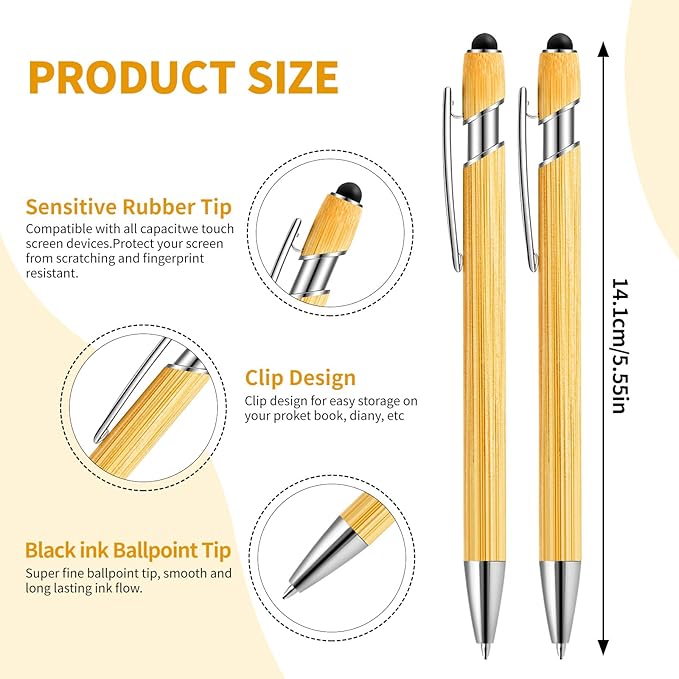 Bamboo Personalized Pens Bulk with Stylus - Custom Logo/Name, 12 Pack Ballpoint Pens - Student & Teacher Bulk Gifts, Corporate Giveaways, Back to School Supplies - Black Ink