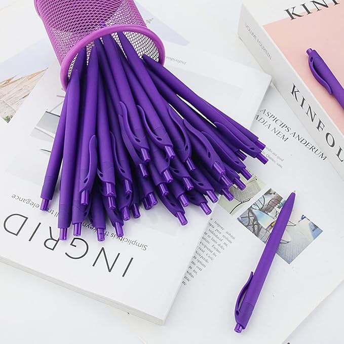 deegtran Pens Bulk, 100 Pack No Bleed Purple Barrel Click Pens, Wholesale Retractable Ballpoint Pens, Pens Medium Point, Smooth Ink Pens, 1.0MM Black Ink
