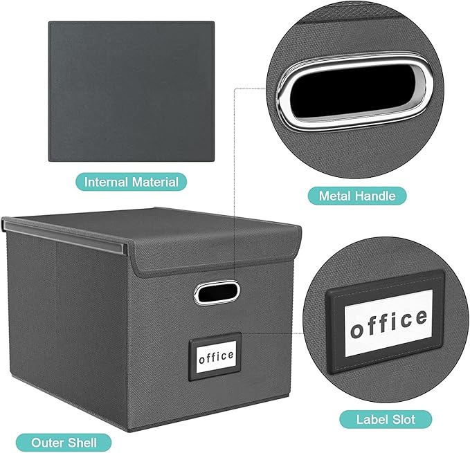 Huolewa File Organizer Box with Lid, Collapsible File Folder Organizer for Office Document Storage, Filing Box with Plastic Slide for Letter/Legal Size Hanging Files, Dark Grey