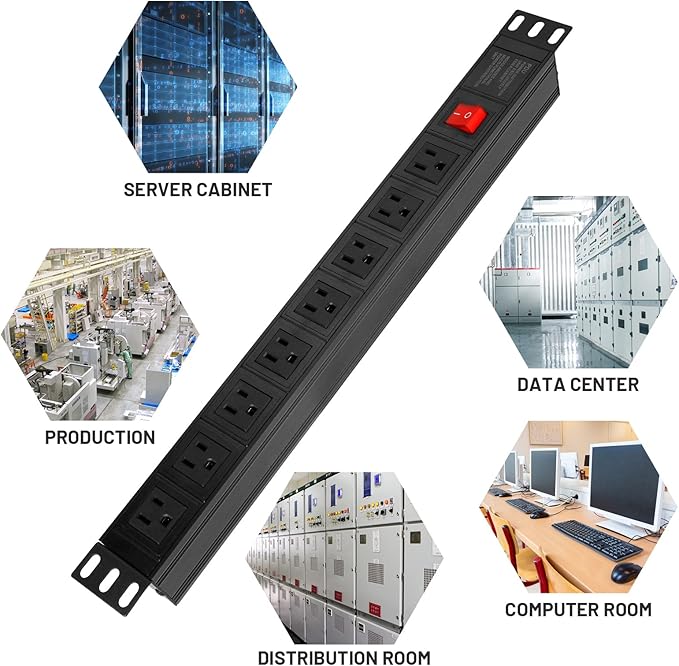 BTU Power Strip Surge Protector Rack-Mount PDU, 8 Right Angle Outlets Wide-Spaced, Mountable Power Strip Heavy Duty for Server Racks, Commercial, 300J (Black 6FT)