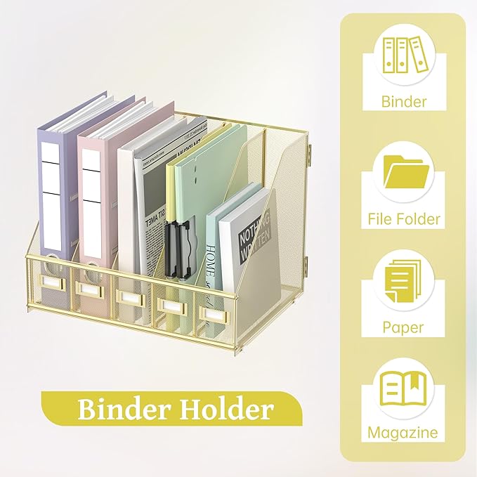 SUPEASY Desk Organizers Metal Desk Magazine File Holder with 5 Vertical Compartments Rack File Organizer for Office Desktop, Home Workspace, Gold Plus