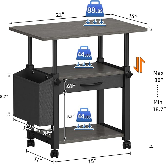 22"x15" Large Printer Stand with Drawer and-side Bag, Adjustable 3-Tier Printer Cart for Home Office, Rolling Printer Stand Fit Heat Press/Laser/3D Printer (Grey)