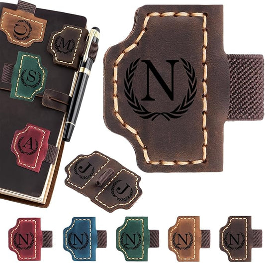 Artlaza Personalized Magnetic Leather Bookmark with Pen Holder - 26 Letters Custom Book Mark with Name Initial Engraved Book Marker for Readers, Book Lovers, Travelers - Gift for Women & Men(Brown，N