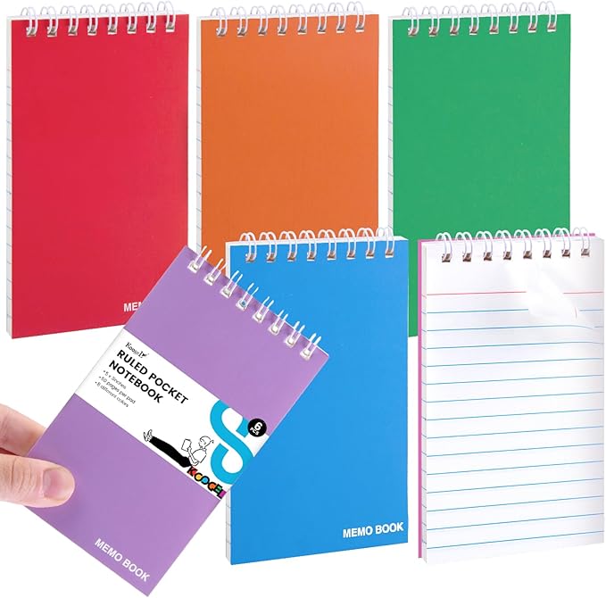 Koogel 6 Pads Mini Spiral Notebooks Bulk, 3x5 Inch Small Line College Ruled Pocket Notepads Memo Tactical Steno Notepad Tiny Note Book Journals Sketchbook for School Students Office Supplies