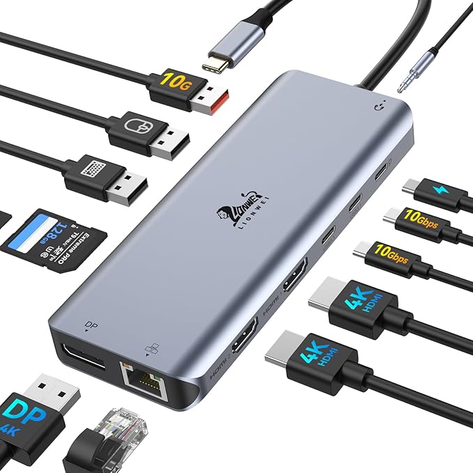LIONWEI 13 in 1 Laptop Docking Station 2 HDMI+DisplayPort+10Gbps, 6 USB C/A, 100W PD, Ethernet, SD/TF, Audio, USB C Hub for MacBook Pro/Air/Dell/HP/Lenovo/Thinkpad