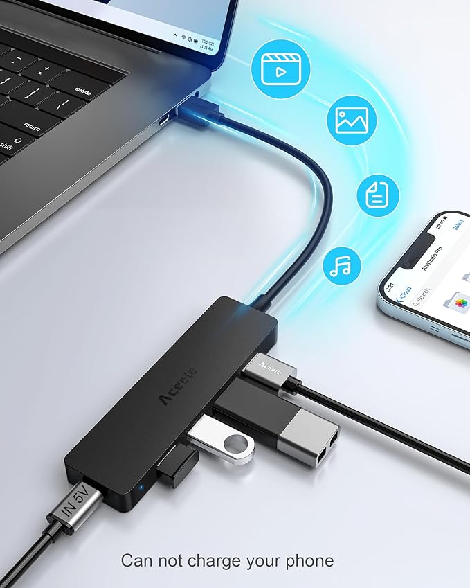 Aceele 4-Port USB 3.0 Hub, Ultra-Slim USB Hub with USB-C Powered Port[Charging/Monitor Not Supported], USB Port for MacBook, Mac Pro, iMac, Mac Mini, XPS, PC, Laptop, Flash Drive, Mobile HDD