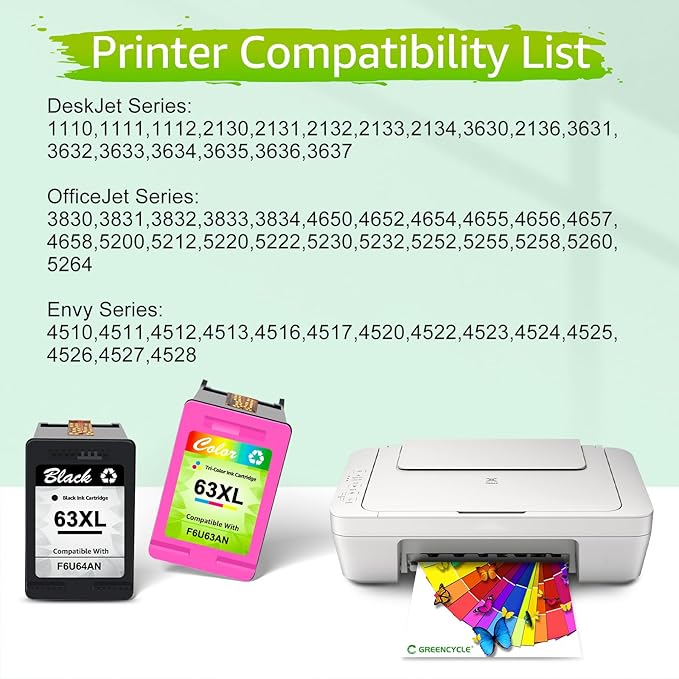 greencycle Remanufactured High Yield Ink Cartridge Replacement for HP 63 63XL F6U64AN Compatible with Envy 4520 4516 Officejet 4650 3830 3831 4655 Deskjet 3630 3632 3633 3636 Printer (Black, 2 Pack)
