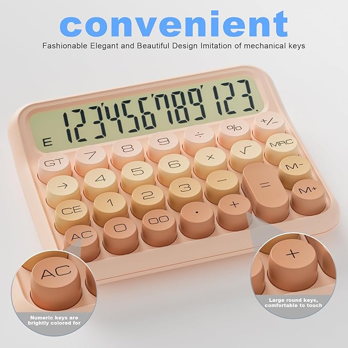 Mechanical Calculator 12 Digit Extra Large 5-Inch LCD Display, DECKLIT Battery Desk Calculator, Big Buttons Easy to Press Office Calculators Desktop, 15°Tilt Screen for Kids Calculator(Gradient Pink)